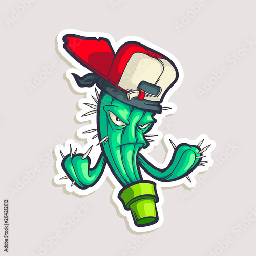 Color sticker for teen with funny cartoon character in cap. Vector hand drawn illustration with hip hop personage isolated on white. Cool cactus in comics style.