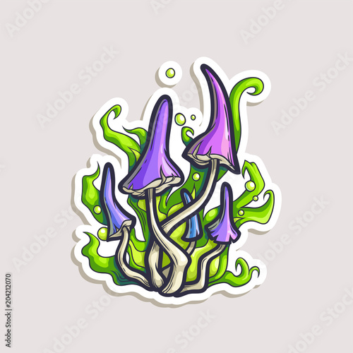 Vector color sticker with psychedelic mushrooms in comics style. Hand drawn cartoon illustration with poison toadstool isolated on white