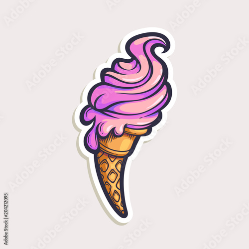 Vector color sticker with cartoon ice cream isolated on white. Hand drawn illustration of sweet in comics style