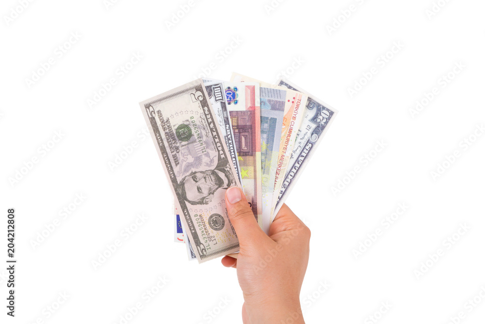 Hand Holding Money to Reach on White Hand Holding Money to Reach on White