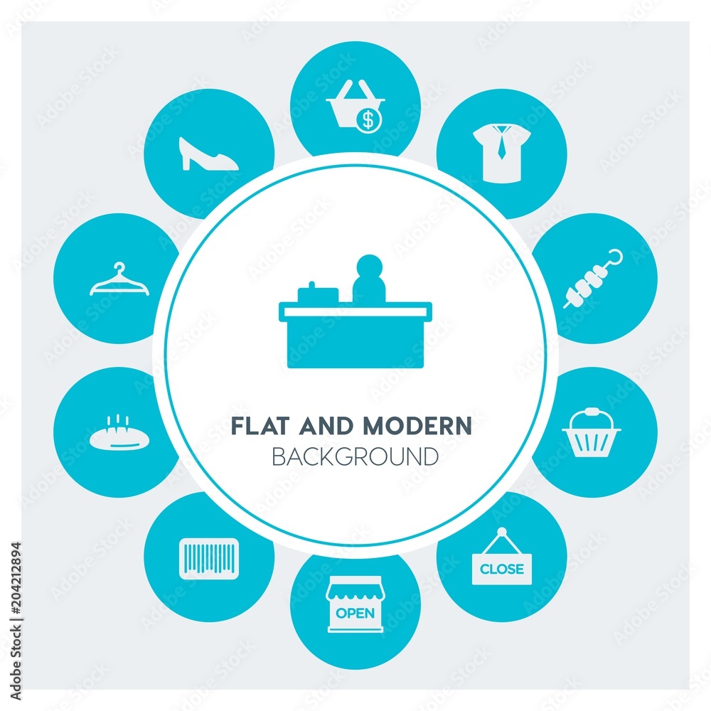 food, clothes, shopping Infographic Circle fill Icons Set. Contains such Icons as  business,  website,  elements,  background,  pattern,  banner,  slider,  sign and more. Fully Editable. Pixel Perfect