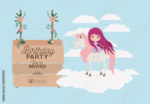invited birthday party card with unicorn and fairy vector illustration design