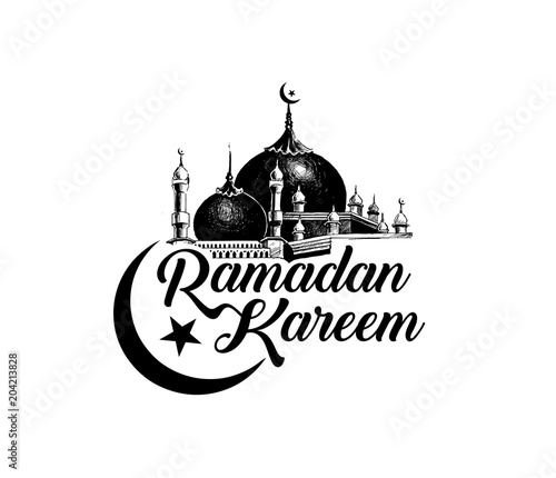 Ramadan Kareem Mosque or Masjid with calligraphy stylish lettering Ramadan Kareem text. vector illustration.