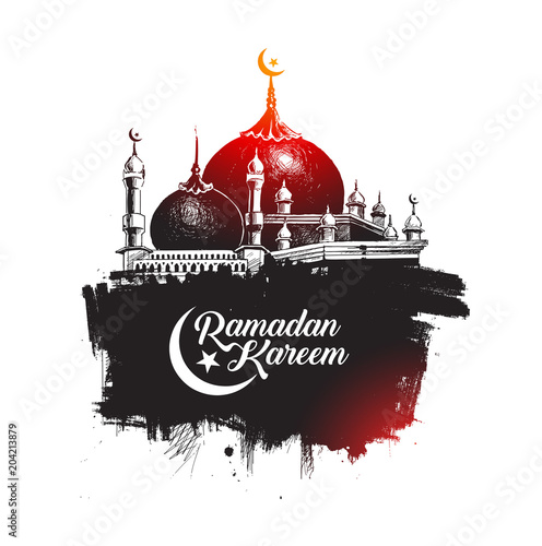 Ramadan Kareem Mosque or Masjid with calligraphy stylish lettering Ramadan Kareem text. vector illustration.