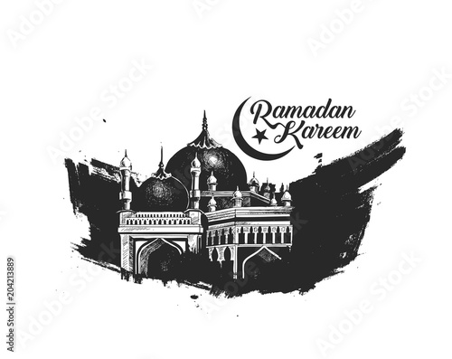 Ramadan Kareem Mosque or Masjid with calligraphy stylish lettering Ramadan Kareem text. vector illustration.