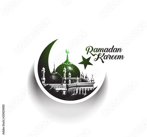 Eid Mubarak celebration- calligraphy stylish lettering Ramadan Kareem text Moon with mosque. Vector illustration.