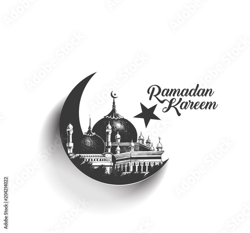 Eid Mubarak celebration- calligraphy stylish lettering Ramadan Kareem text Moon with mosque. Vector illustration.