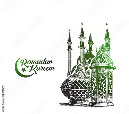 Eid Mubarak background with beautiful illuminated arabic lamp and hand drawn calligraphy stylish lettering Ramadan Kareem.. Vector illustration.