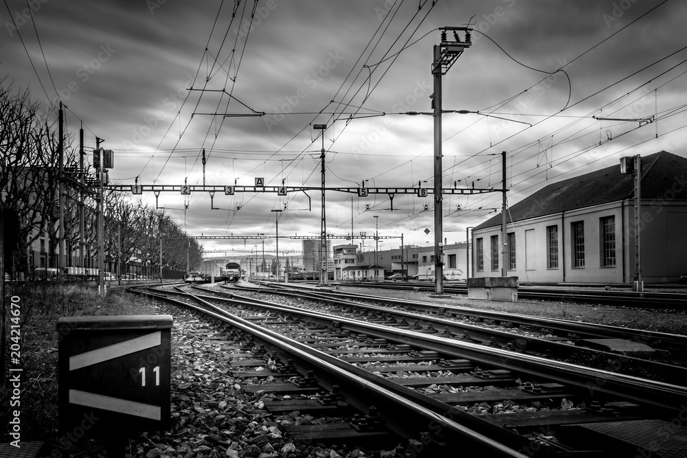 Rails in Train Yard - Black and White