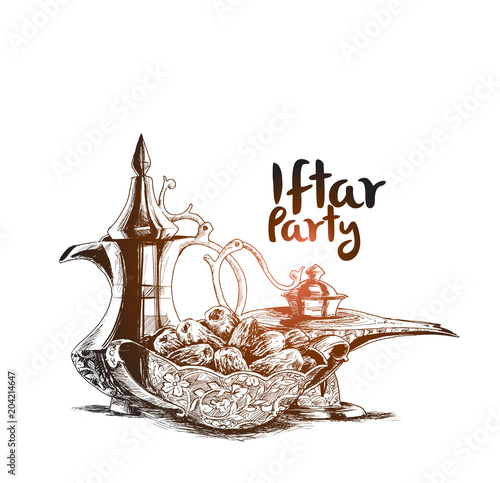 Ramadan Kareem Iftar party celebration, Hand Drawn Sketch Vector illustration.