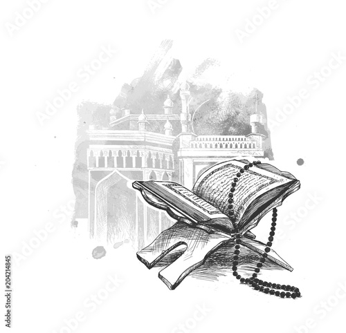 The holy book of the Koran on the stand with calligraphy stylish lettering Ramadan Kareem text for eid , Hand Drawn Sketch Vector illustration.