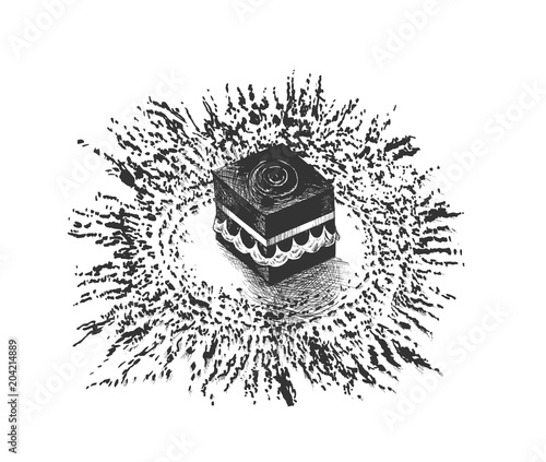 Holy Kaaba in Mecca Saudi Arabia, Hand Drawn Sketch Vector illustration.