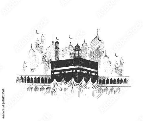 Holy Kaaba in Mecca Saudi Arabia, Hand Drawn Sketch Vector illustration.