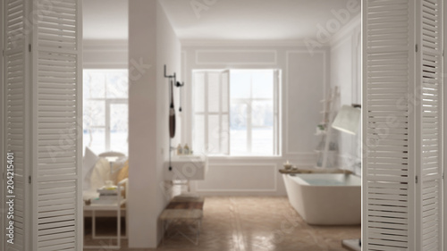 White folding door opening on modern scandinavian bedroom with bathroom  white interior design  architect designer concept  blur background