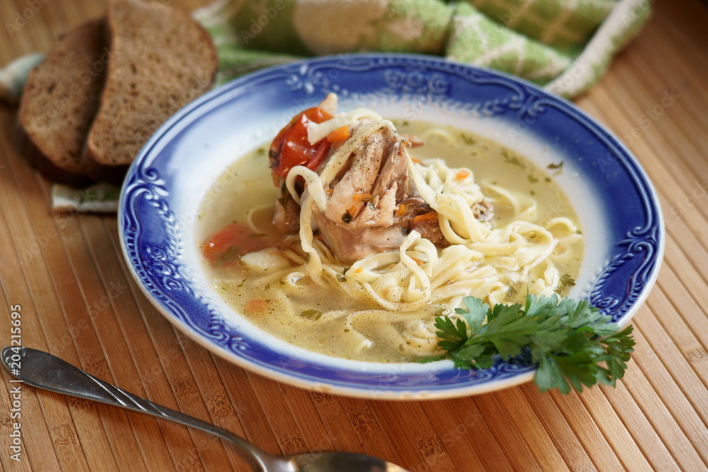 Soup with home-made noodles on chicken, noodles, fat, freshness, homemade cooking 30 Soup with home-made noodles on chicken, noodles, fat, freshness, homemade cooking 30