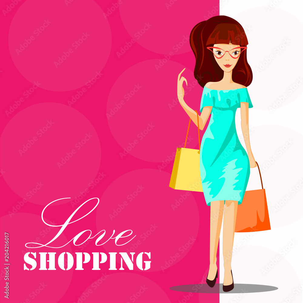 Fashion woman with shopping bag. Love shopping template, Fashion girl cartoon character - Vector illustration Fashion woman with shopping bag. Love shopping template, Fashion girl cartoon character - Vector illustration