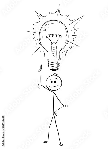 Cartoon stick man drawing conceptual illustration of businessman with idea and light bulb above his head. Business concept of creativity and problem solution.