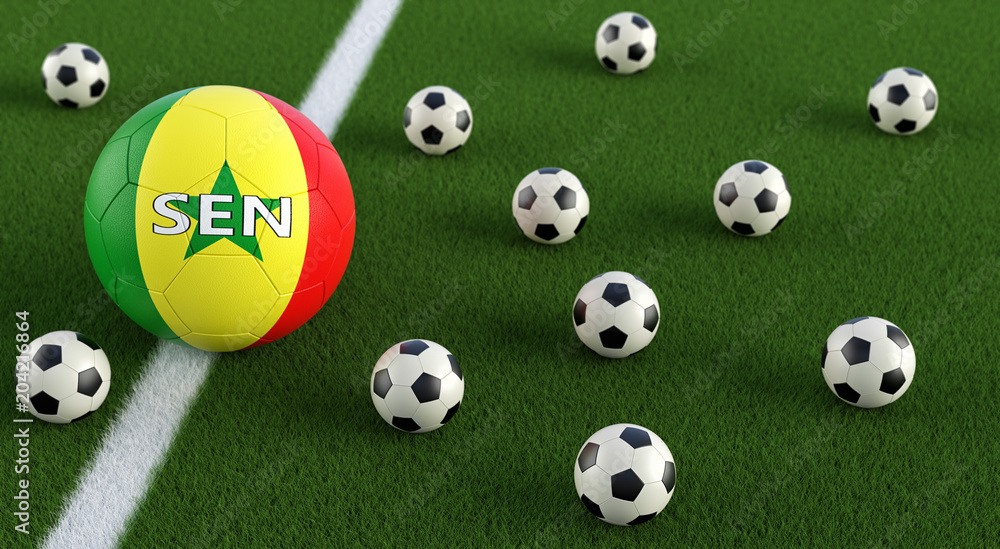 Soccer ball in Senegals national colors on a soccer field. 3D Rendering