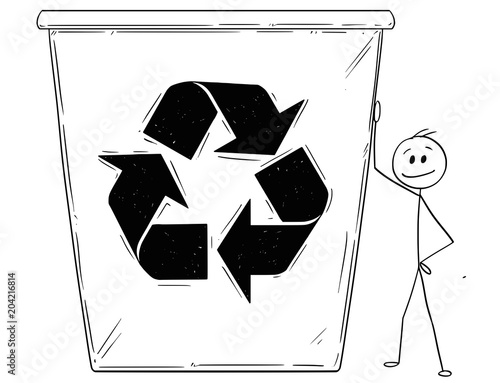 Cartoon stick man drawing conceptual illustration of businessman leaning on big recycle bin. Business concept of ecology and garbage recycling.