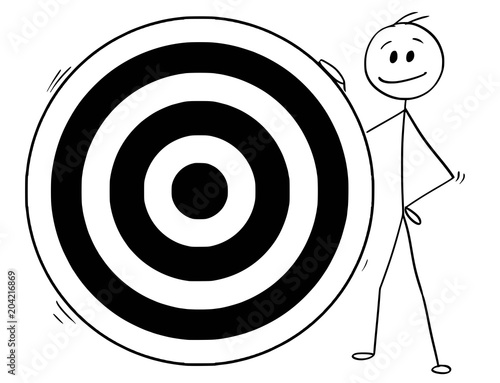 Cartoon stick man drawing conceptual illustration of businessman holding big dartboard target. Business concept of goal, achievement and success.
