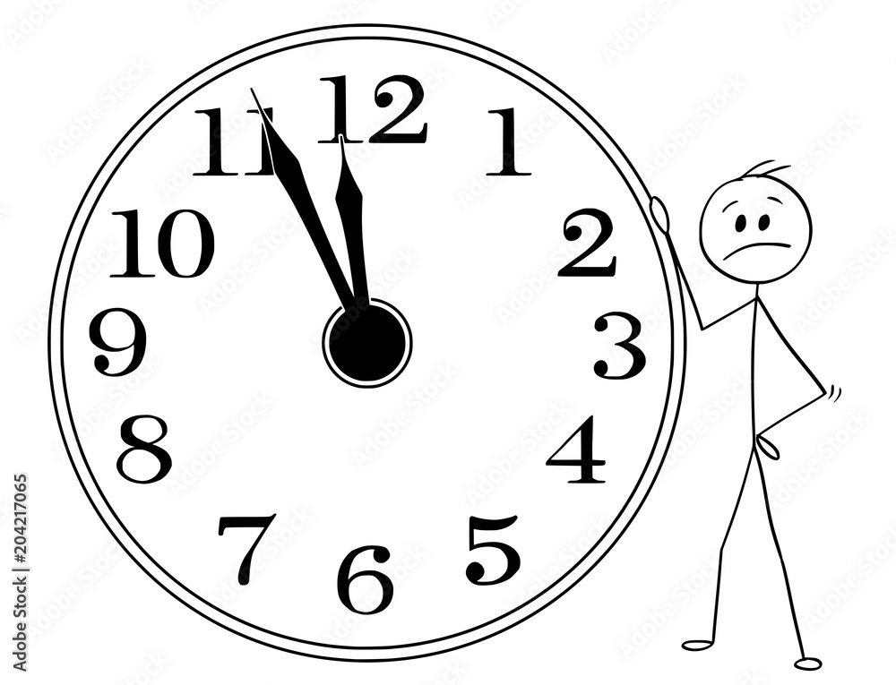 Cartoon Stick Man Drawing Conceptual Illustration Of Sad And Depressed Businessman Leaning On Big Wall Clock Displaying Five Minutes Before Twelve Hours Or Midday Or Midday Business Or Political Stock Vector