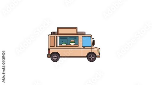 Animated food truck riding through. Moving vehicle on landscape background. Flat animation.