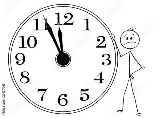 Cartoon stick man drawing conceptual illustration of sad and depressed businessman leaning on big wall clock displaying five minutes before twelve hours or midday or midday. Business or political