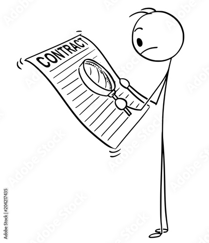 Cartoon stick man drawing conceptual illustration of upset businessman reading contract with magnifying glass to find small text or hidden conditions.