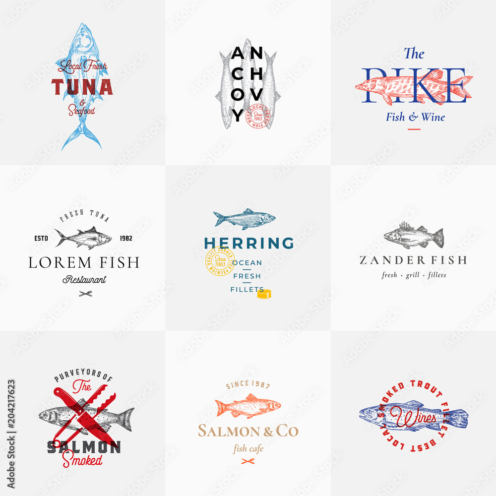 Premium Quality Retro Fish Vector Signs or Logo Templates Set. Hand Drawn Vintage Fish Sketches with Classy Typography, Tuna, Trout, Salmon, Herring etc. Great Restaurant and Seafood Emblems.