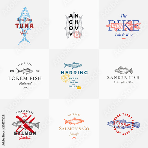 Premium Quality Retro Fish Vector Signs or Logo Templates Set. Hand Drawn Vintage Fish Sketches with Classy Typography, Tuna, Trout, Salmon, Herring etc. Great Restaurant and Seafood Emblems.