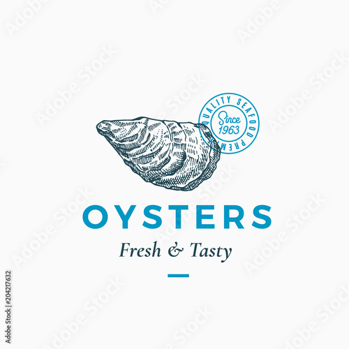 Fresh and Tasty Oysters Abstract Vector Sign, Symbol or Logo Template. Hand Drawn Shellfish Mollusc with Premium Classic Typography and Quality Seal. Stylish Classy Vector Emblem Concept.