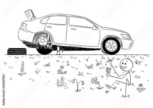 Cartoon stick man drawing conceptual illustration of man repairing broken car and founding beauty of nature in road ditch. Concept of environmental conservation and return to nature.