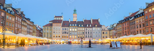 Panorama of old town square in Warsaw at lovely summer evening