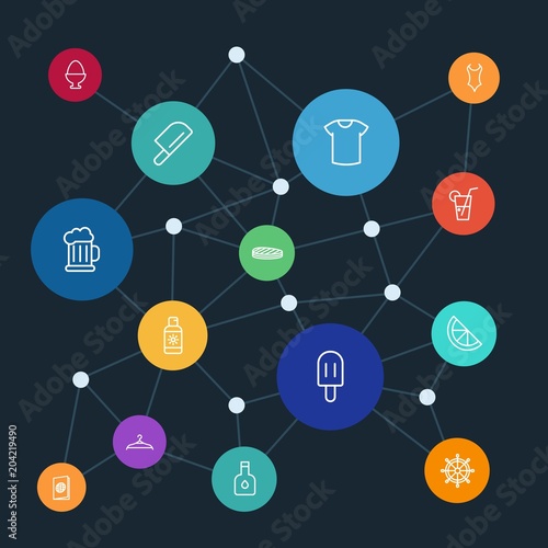 Abstract background with polygonal connected lines and food, clothes, drinks, travel outline icons. Can be use for websites, mobile apps, presentations and other design works