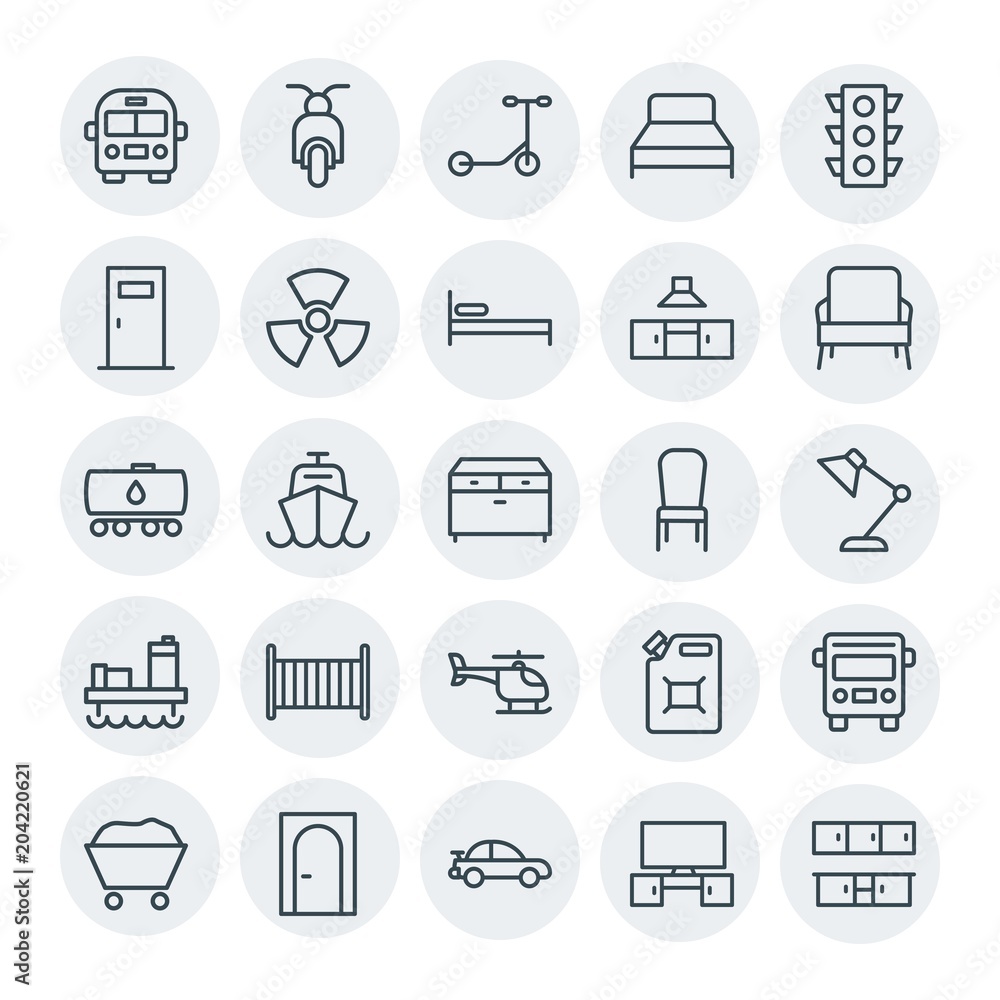 Modern Simple Set of transports, industry, furniture Vector outline Icons. Contains such Icons as  tank,  ocean,  container,  furniture, car and more on white background. Fully Editable. Pixel Perfect