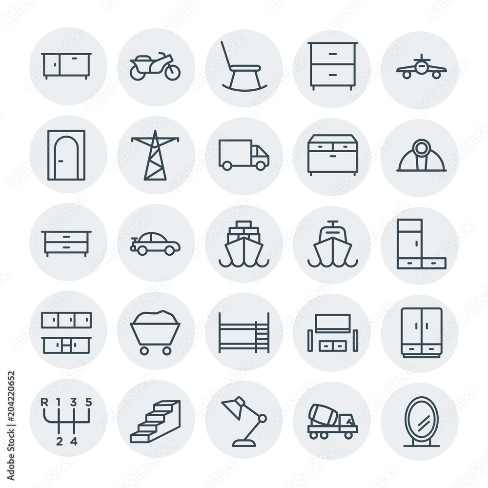 Modern Simple Set of transports, industry, furniture Vector outline Icons. Contains such Icons as  modern, car,  cinema,  transportation, up and more on white background. Fully Editable. Pixel Perfect