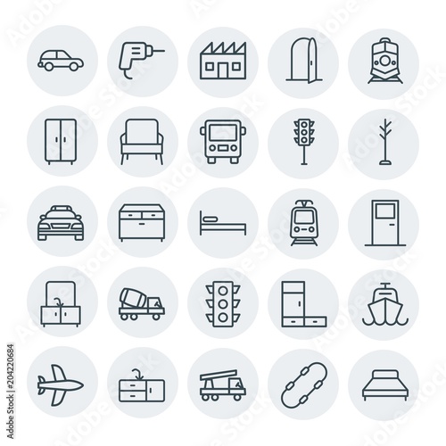 Modern Simple Set of transports, industry, furniture Vector outline Icons. Contains such Icons as auto, truck, closet, skate, ship, sink and more on white background. Fully Editable. Pixel Perfect