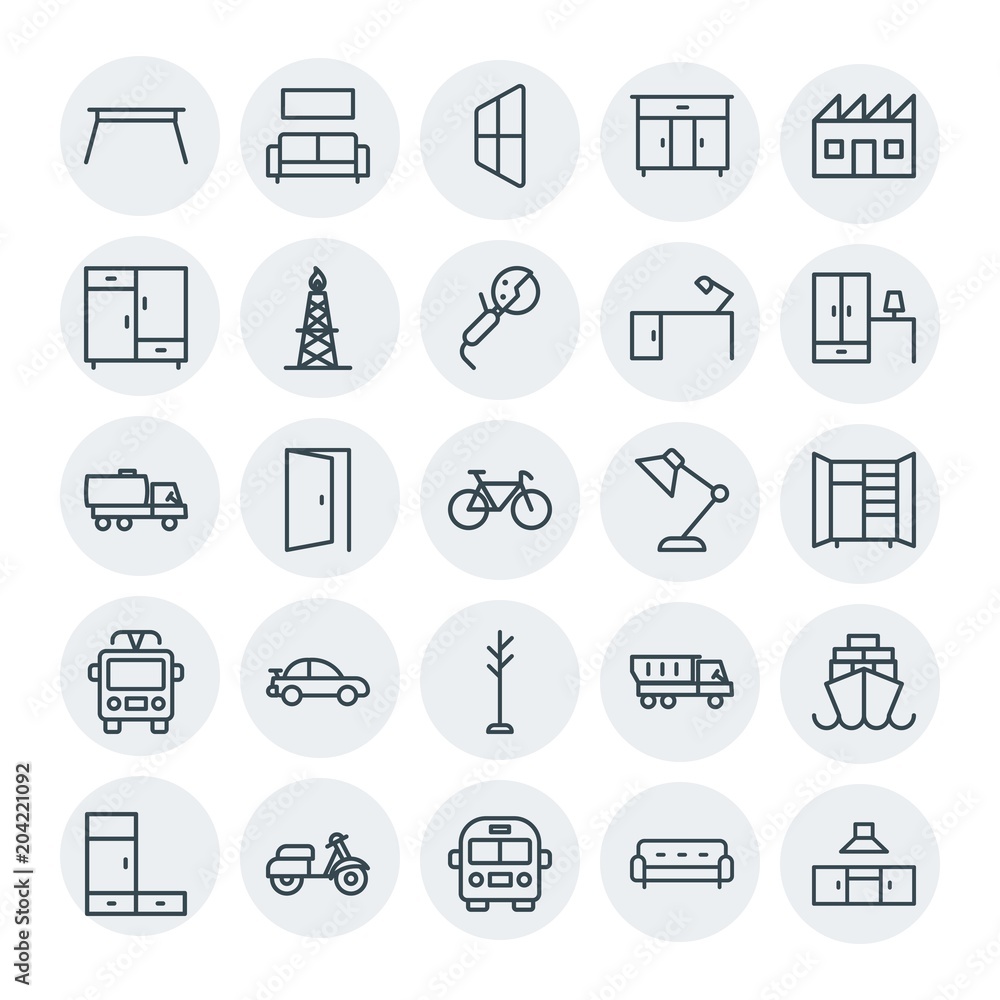 Modern Simple Set of transports, industry, furniture Vector outline Icons. Contains such Icons as  delivery,  ship, factory,  room,  cargo and more on white background. Fully Editable. Pixel Perfect