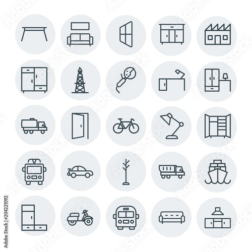 Modern Simple Set of transports, industry, furniture Vector outline Icons. Contains such Icons as delivery, ship, factory, room, cargo and more on white background. Fully Editable. Pixel Perfect