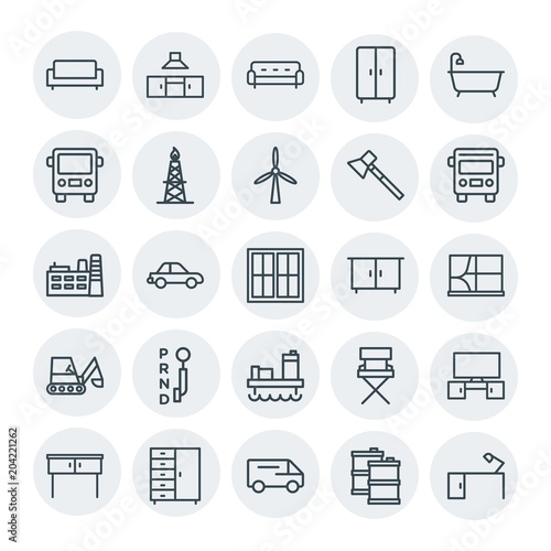 Modern Simple Set of transports, industry, furniture Vector outline Icons. Contains such Icons as kitchen,  barrel,  sedan, table,  bathroom and more on white background. Fully Editable. Pixel Perfect © djvectors