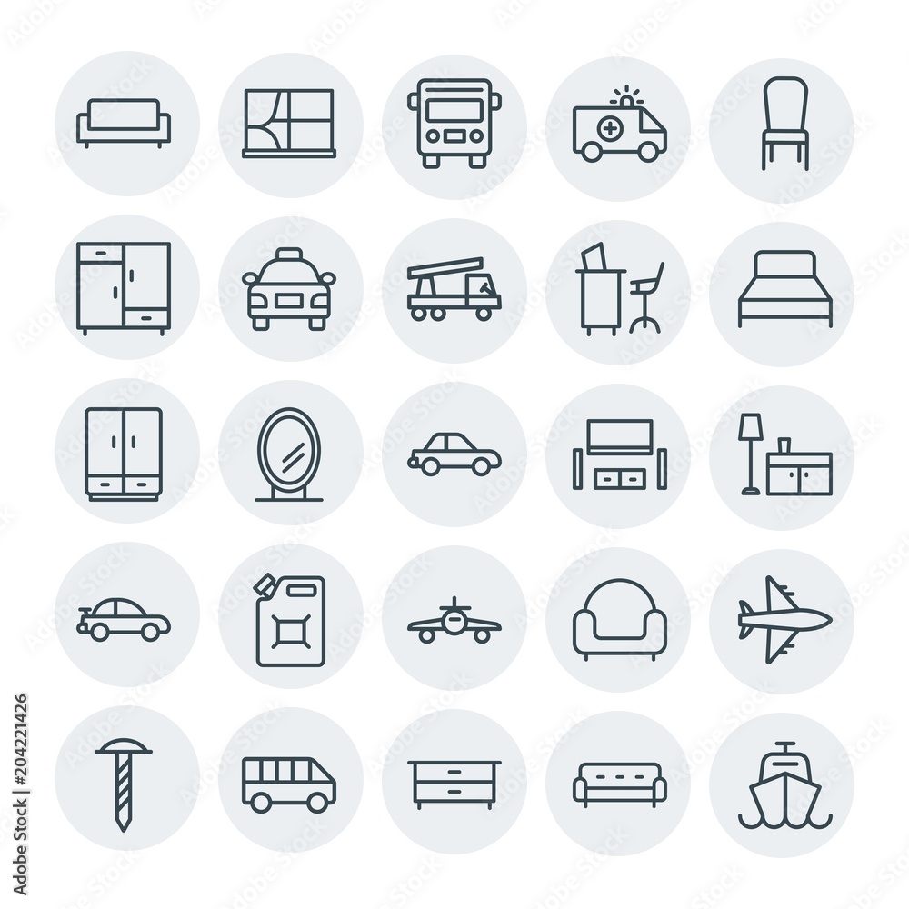 Modern Simple Set of transports, industry, furniture Vector outline Icons. Contains such Icons as  minibus,  emergency,  home,  work, sofa and more on white background. Fully Editable. Pixel Perfect