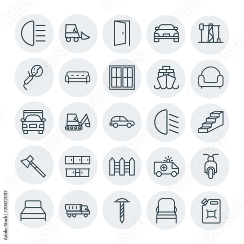 Modern Simple Set of transports, industry, furniture Vector outline Icons. Contains such Icons as shine, open, building, seat, motorbike and more on white background. Fully Editable. Pixel Perfect