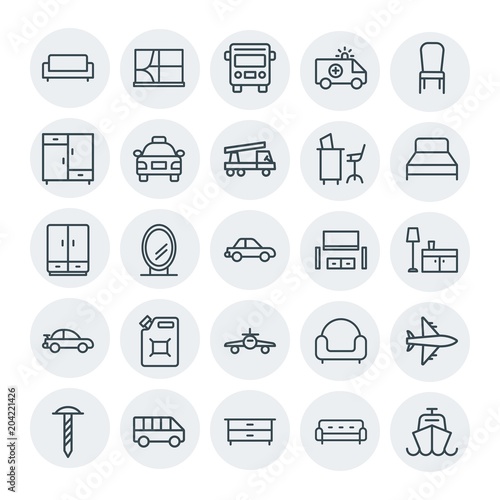 Modern Simple Set of transports, industry, furniture Vector outline Icons. Contains such Icons as minibus, emergency, home, work, sofa and more on white background. Fully Editable. Pixel Perfect
