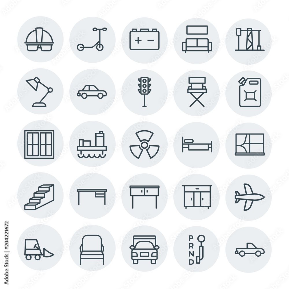 Modern Simple Set of transports, industry, furniture Vector outline Icons. Contains such Icons as  industry,  cargo,  speed,  plane,  seat and more on white background. Fully Editable. Pixel Perfect