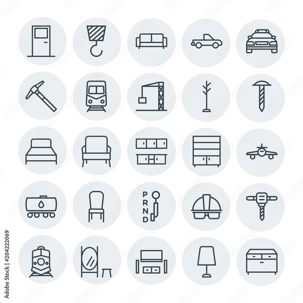 Modern Simple Set of transports, industry, furniture Vector outline Icons. Contains such Icons as  truck,  building,  construction, drawer and more on white background. Fully Editable. Pixel Perfect