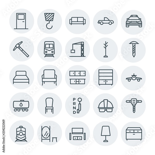 Modern Simple Set of transports, industry, furniture Vector outline Icons. Contains such Icons as truck, building, construction, drawer and more on white background. Fully Editable. Pixel Perfect