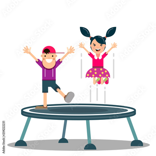 Cartoon little kid playing trampoline
