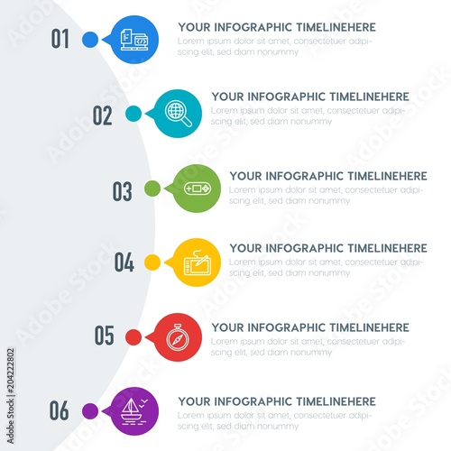 Flat education, travel, kids and toys infographic timeline template with 7 options for presentations, advertising, annual reports