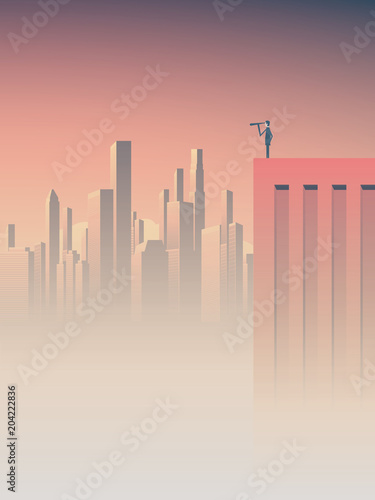 Looking for job, new business opportunities, business vision vector concept. Businessman standing on top of corporate building looking at urban skyline.