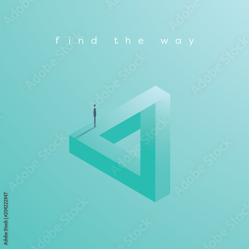 Finding solution business vector concept with businessman standing on impossible geometric shape. Symbol of creativity, challenge, opportunity